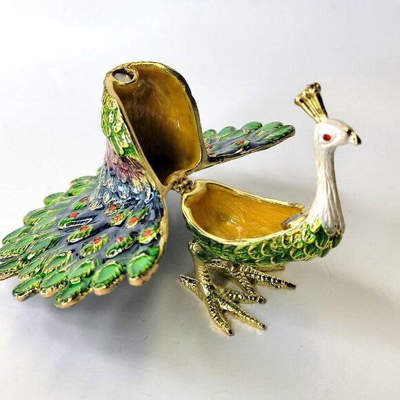 Peacock Decorative Box Trinket Jewelry Box Hinged Jeweled Gold Enamel Painted - Picture 3 of 13